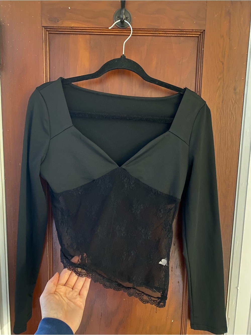 Black Lace-Trim Long Sleeve Women's Top